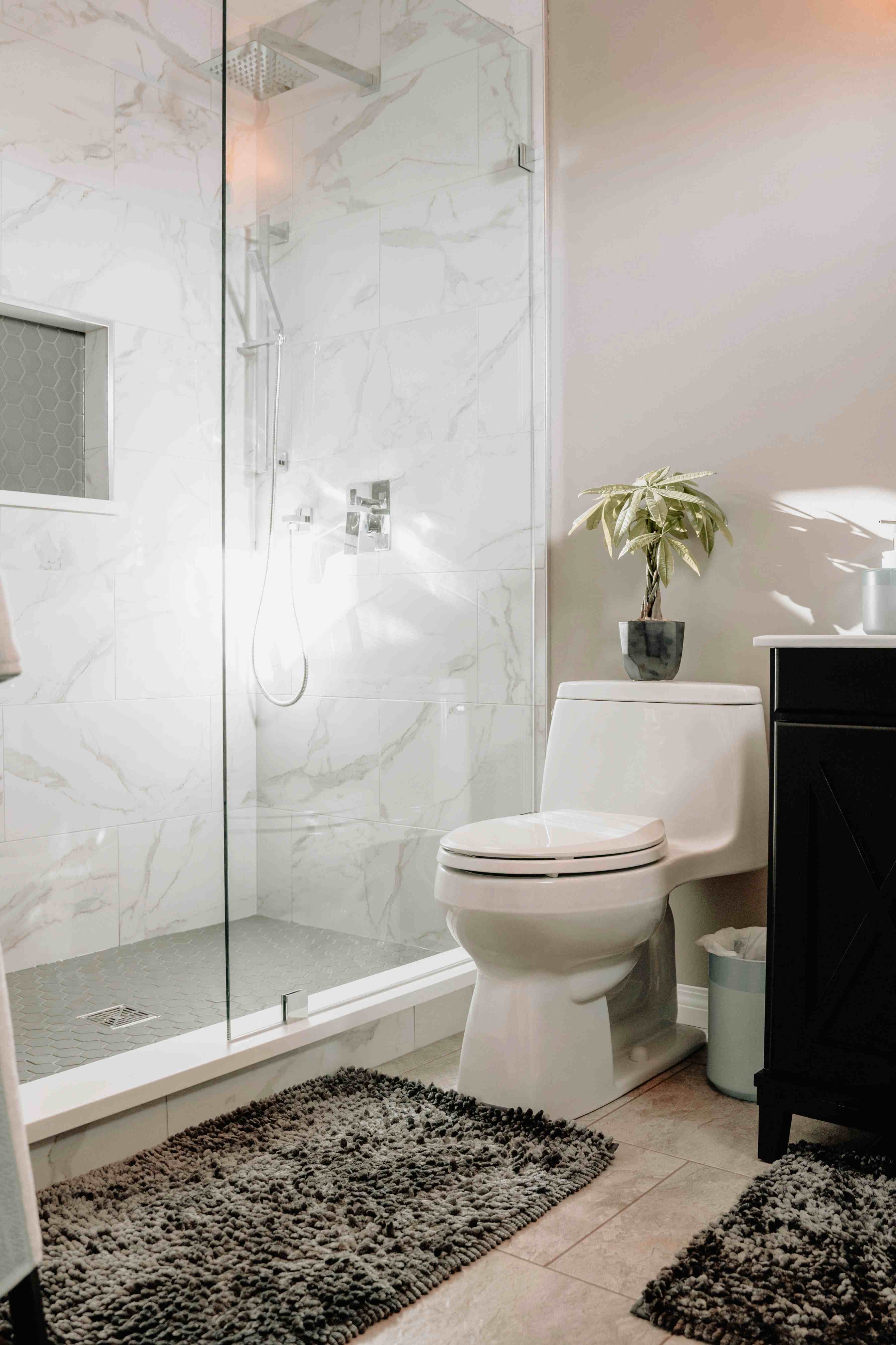 Porte de douche en verre installée dans une salle de bain moderne.